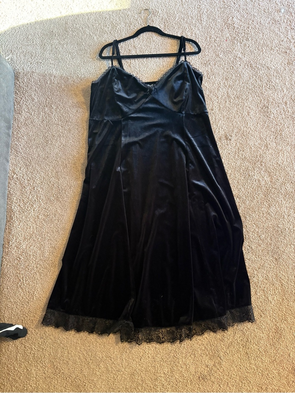 Cosmic Aura Black Velvet Lace-Trim Slip Dress